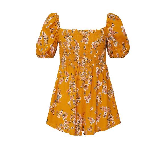 Flynn Skye Justine Romper Women's Medium Orange Floral Puff Sleeve Smocked RTR - Picture 11 of 11